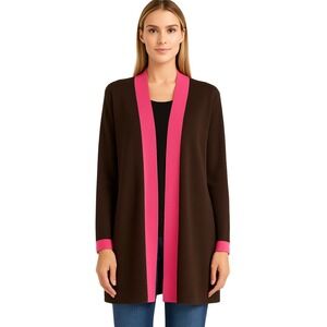 Misook Knit Cardigan Small Brown Pink Trim Open Front Lightweight Duster USA Mad